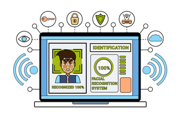 Poster - Laptop Computer Identification System Biometrical Identification Business Man Face Scanning Face Recognition Concept Vector Illustration