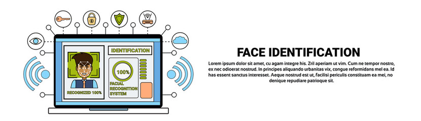 Poster - Laptop Computer Identification System Biometrical Identification Business Man Face Scanning Face Recognition Concept Horizontal Banner With Copy Space Vector Illustration