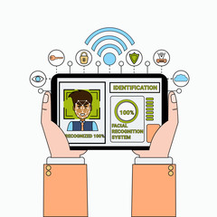Poster - Hand Holding Digital Tablet Scanning Male User Face Recognition And Identification System Biometrical Identification Concept Vector Illustration