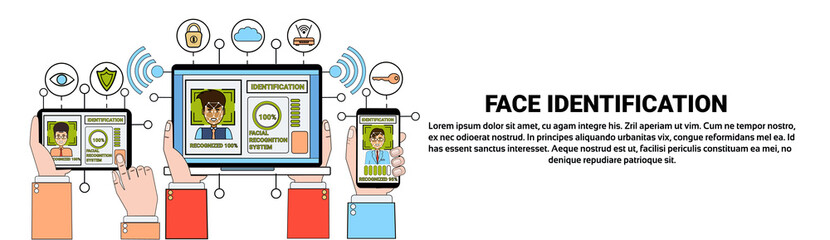 Poster - Face Recognition And Identification System Gadgets Biometrical Identification Concept Horizontal Banner With Copy Space Vector Illustration