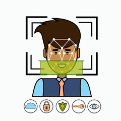 Poster - Face Recognition And Identification System Biometrical Identification Business Man Face Scanning Vector Illustration