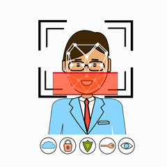 Poster - Face Recognition And Identification System Biometrical Identification Business Man Face Scanning Vector Illustration