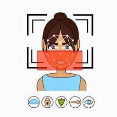 Poster - Face Recognition And Identification System Biometrical Identification Business Woman Face Scanning Vector Illustration