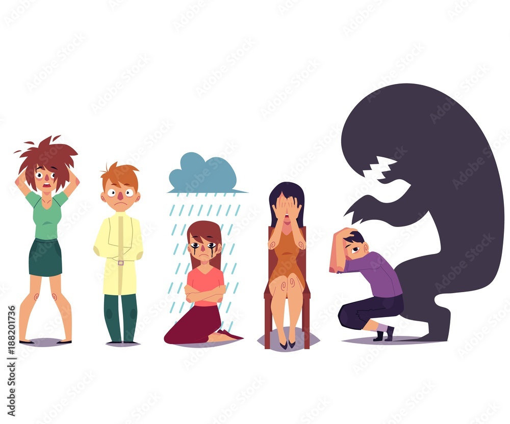 Vector de Stock Set of people suffering from mental disorder, illness,  grief, nervous breakdown, flat cartoon vector illustration isolated on  white background. Mental illness concept, people in despair, stress, grief  | Adobe, image size:1000x833