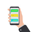 © chereliss - User reviews on smartphone. Feedback. Testimonial messages on mobile phone. Review rating in speech bubbles. Good and bad rate. Hand with smartphone. Flat style.