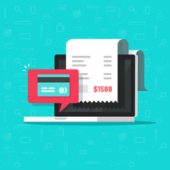 Wall Mural - Online payment on computer vector illustration, flat cartoon big pay bill tax via credit card and laptop pc concept, financial accounting, electronic payment notification with digital receipt