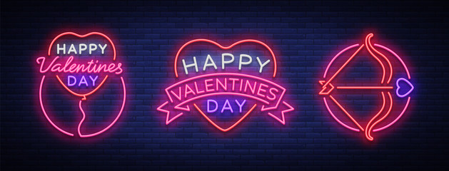 Wall Mural - Valentine s Day is a collection of neon signs. Collection banners, neon billboards, vibrant advertising, brochures. Design template for greetings, flyer, card, invitation. Vector illustration