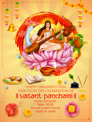 Sticker - Goddess of Wisdom Saraswati for Vasant Panchami India festival background