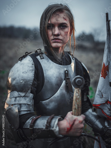 Fotomural Portrait of girl in image of Jeanne d'Arc in armor with flag and sword in her hands on meadow