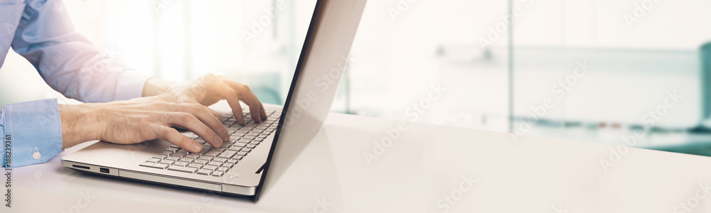 modern businessman typing on laptop keyboard in bright sunny office. copyspace - obrazy, fototapety, plakaty 
