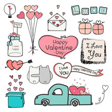 Happy Valentine Day. Set Of Doodle Valentine Day Labels And Typography Elements. Handmade Vector Illustration For Your Wedding Card Design.