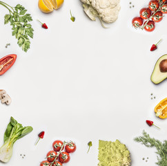 Wall Mural - Healthy food background. Various fresh salad vegetables ingredients on white , top view, frame. Layout for Detox, dieting and clean eating