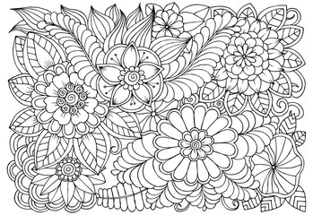 Wall Mural - Black and white flower pattern for adult coloring book. Doodle floral drawing. Art therapy coloring page.