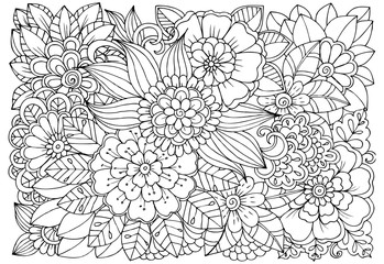 Black and white flower pattern for adult coloring book. Doodle floral drawing. Art therapy coloring page.