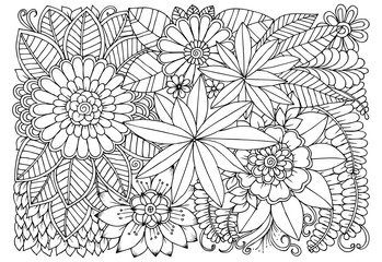 Black and white flower pattern for adult coloring book. Doodle floral drawing. Art therapy coloring page.