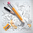 Vector realistic pencils, sharpener, shavings on notebook paper with colored sketch creative education, science, school doodles symbols. Concept of idea, study, research and development illustration