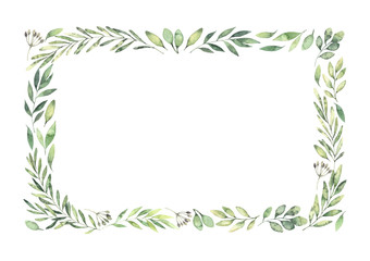 hand drawn watercolor illustration. botanical rectangular border with green branches and leaves. spr