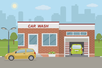 Car wash station and two cars on city background. Flat style, vector illustration. 
