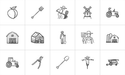 Wall Mural - Agriculture sketch icon set for web, mobile and infographics. Hand drawn Agriculture vector icon set isolated on white background.