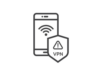 Poster - attention warning alert sign with exclamation mark symbol. shield line icon for Internet VPN Security protection Concept vector illustration.