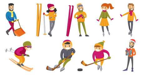 Poster - Young caucasian white people playing winter sport set. People skiing, skating, playing ice hockey, man holding box with christmas gift. Set of vector cartoon illustrations isolated on white background