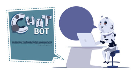 Poster - Chat Bot Cute Robot Use Laptop Computer Template Banner With Copy Space, Chatter Or Chatterbot Virtual Technical Support Service Concept Flat Vector Illustration