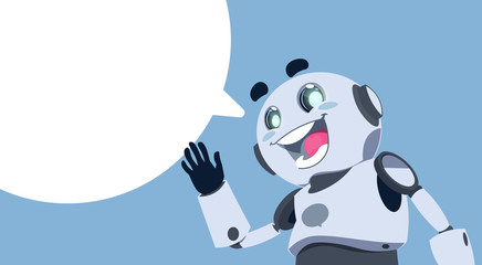 Poster - cute robot white chat bubble chatbot service, chatter or chatterbot technical support app concept fl