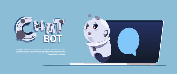 Poster - chat bot service cute robot in laptop computer template banner with copy space, chatter or chatterbo