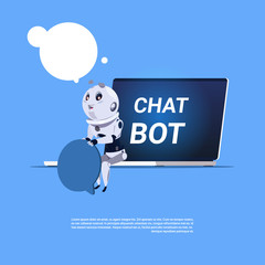 Poster - Chat Bot App Of Technical Support In Laptop Template Banner With Copy Space, Chatter Or Chatterbot Virtual Web Service Concept Flat Vector Illustration