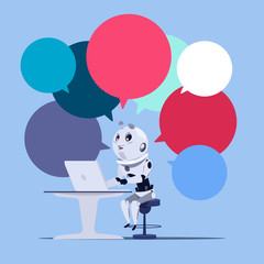 Poster - Chatbot Or Chatter App Cute Robot Use Laptop Computer Template Banner With Colorful Chat Bubbles Chatterbot Technology, Virtual Technical Support Service Concept Flat Vector Illustration