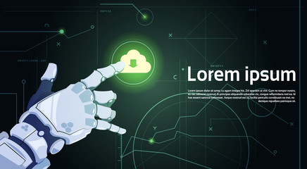 Poster - Robotic Hand Touch Cloud Database Icon Cloud Computing Technology Robots And Artificial Intelligence Concept Flat Vector Illustration