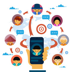 Poster - social media communication and network concept with hand holding smart phone and asian people avatar