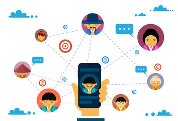 Poster - social media communication and connection concept with hand holding smart phone and asian people ava