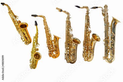Fotografía saxophone isolated on white background, group of saxophones