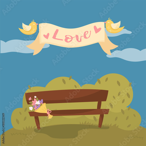 Wooden Bench In The Park Pair Of Flying Birds Holding Ribbon