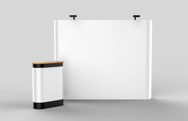 Wall Mural - Exhibition Tension Fabric Display Banner Stand Backdrop for trade show advertising stand with LED OR Halogen Light with pop up counter.. 3d render illustration.