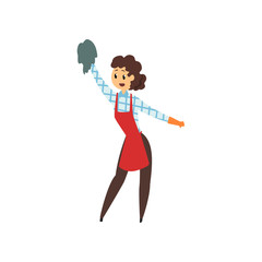 Wall Mural - Woman cleaning house with rag. Professional cleaner in maid uniform red apron, brown pants, checkered blouse and rubber gloves. Domestic worker. Flat vector design