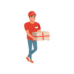 Wall Mural - Delivery service worker with parcel in hands. Cartoon courier character in red t-shirt, cap and blue jeans. Cheerful young man carrying cardboard box. Flat vector design