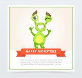 Fototapeta Dinusie - Cute funny green monster showing thumbs up, happy monsters banner cartoon vector element for website or mobile app