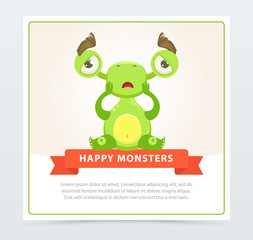 Sticker - Cute sad green monster sitting on the floor, happy monsters banner cartoon vector element for website or mobile app