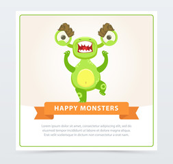 Sticker - Cute funny angry green monster, happy monsters banner cartoon vector element for website or mobile app