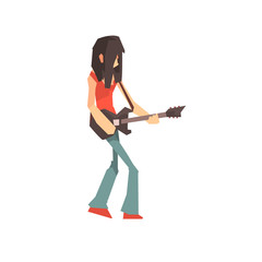 Sticker - Male rock musician character playing guitar cartoon vector Illustration