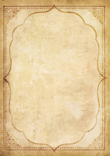 Old Grungy Vintage Paper Blank With Curly Oriental Frame Ornament.