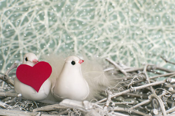 Two little white birds in the nest with red heart at winter time. Valentine's Day.  Selective focus