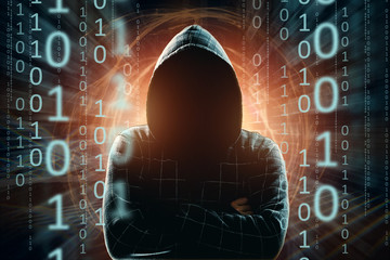 hacker in the hood, hacker attack, silhouette of the man, mixed media. the concept of a sudden attac