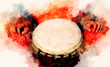 lady drummer with her djembe drum and softly blurred watercolor background.