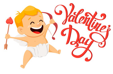 Wall Mural - Valentines Day greeting card with cute cupid and handmade lettering