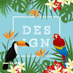 Tropical banner frame with parrot, toucan and tropical leaves. Summer vector illustration design. Parrot and toucan background. Exotic background poster