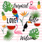 Fototapeta Dinusie - Tropical seamless pattern background. Tropical poster design. Summer and holidays background. Wallpaper, invitation card, textile print vector illustration design