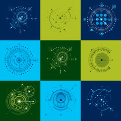 Fototapete - Set vector Bauhaus abstract backgrounds made with grid and overlapping simple geometric elements, circles. Retro artworks, technology style graphic templates for advertising poster.